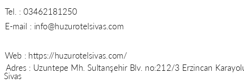 Huzur Otel Sivas telefon numaralar, faks, e-mail, posta adresi ve iletiim bilgileri